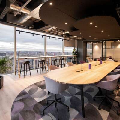 Combining industrial ceiling with modern lighting for business spaces